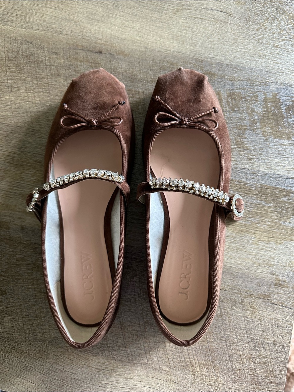 J. Crew Chocolate Brown Suede Mary Jane Flats with Crystal Strap